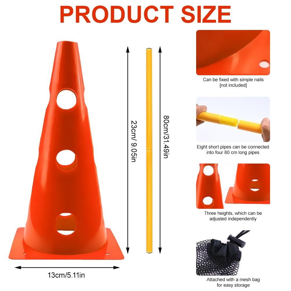 Agility pour Chien Kit, Sports Haies Set 8 Cônes + 4 Barres agilité, 23 cm de Hauteur, 80 cm de Longueur, pour Chiens, Sports, Football, Chevaux (Orange)