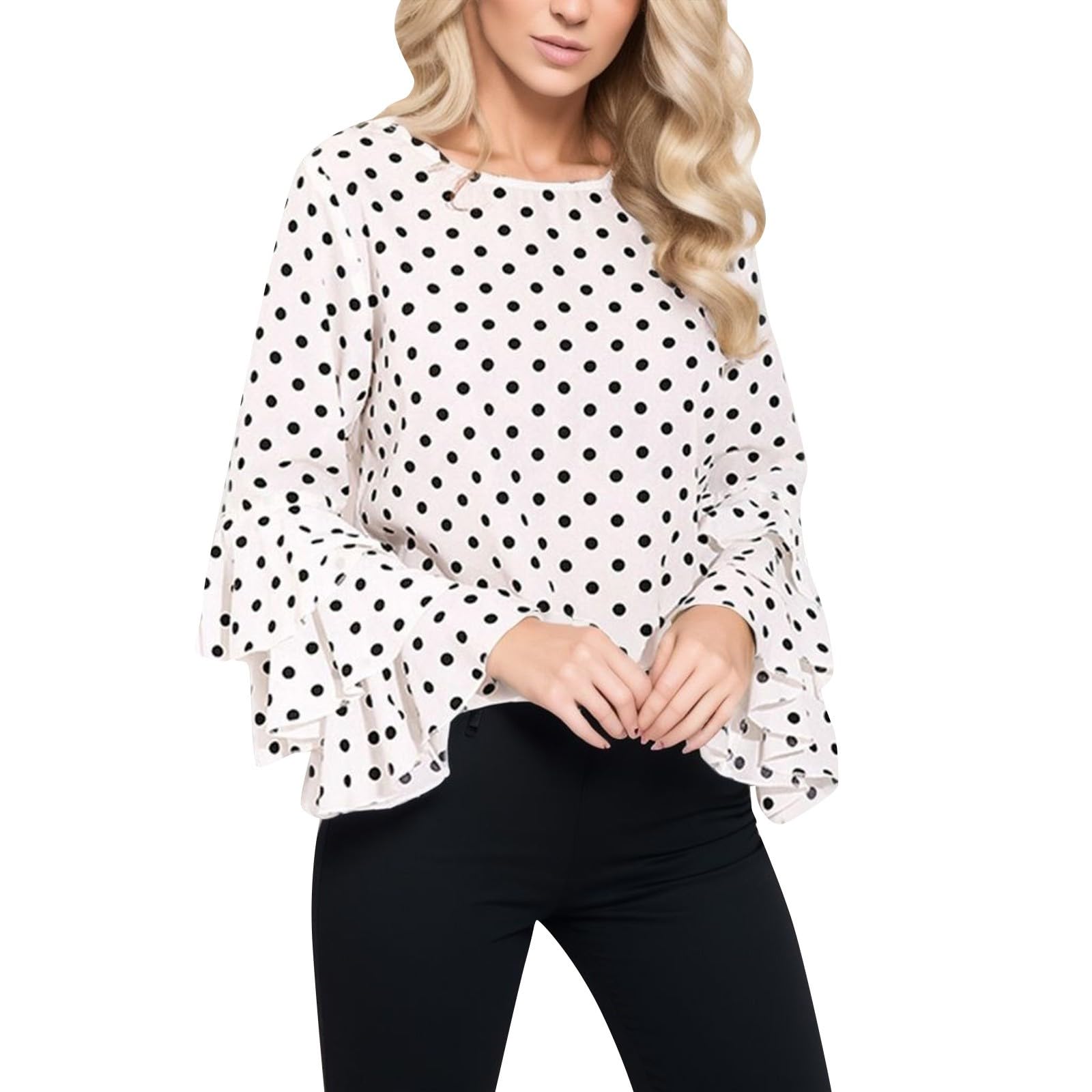 PAIDAXING Camisas para mujer, elegante blusa de lunares con volantes, cuello redondo, manga larga, casual, primavera, verano, camisetas elegantes para oficina, trabajo, negocios