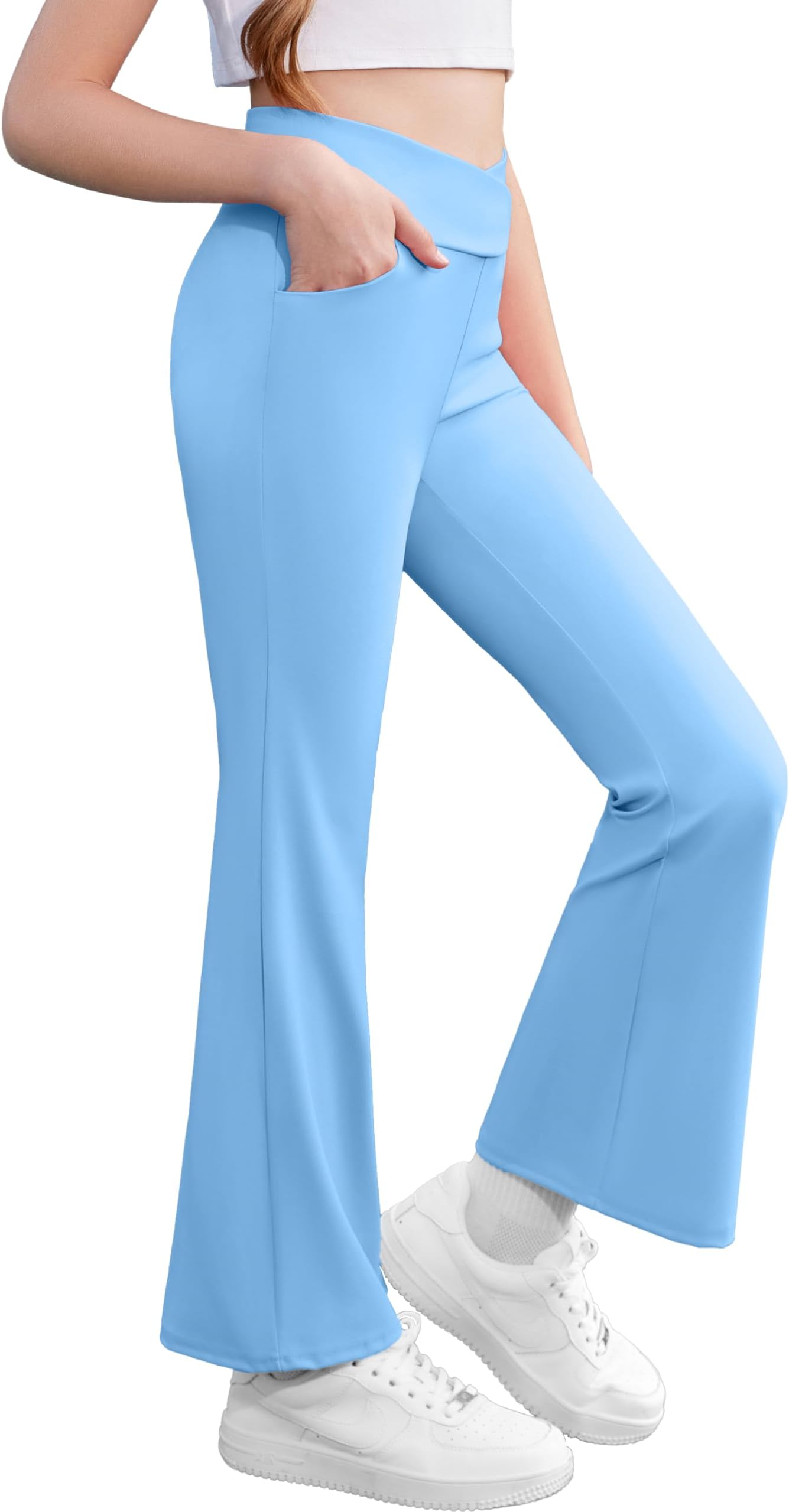 Zaclotre Girls Flare Leggings High Waisted V Crossover Casual Yoga Bell Bottoms with Pockets Pants for Kid