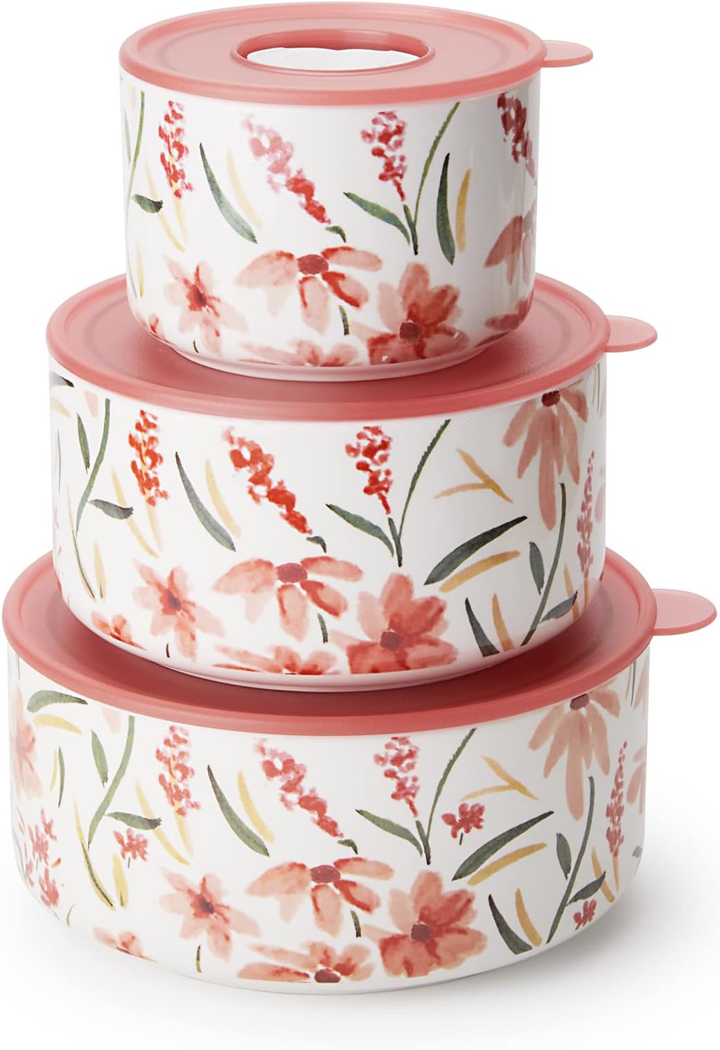 Ceramic Containers with Lids, 3 Piece Serving Bowls Set, Microwave & Dishwasher Safe, For Soup, Salad, Rice, Cereal, Breakfast, Dinner, Serving, Oatmeal (Pink)