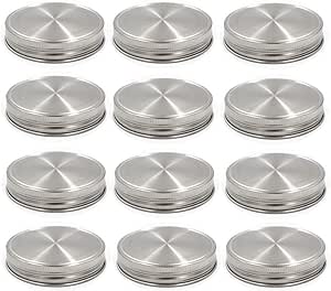 Stainless Steel Mason Jar Lids, Storage Caps with Silicone Seals for Wide Mouth Size Jars, Polished Surface, Reusable and Leak Proof, Pack of 12