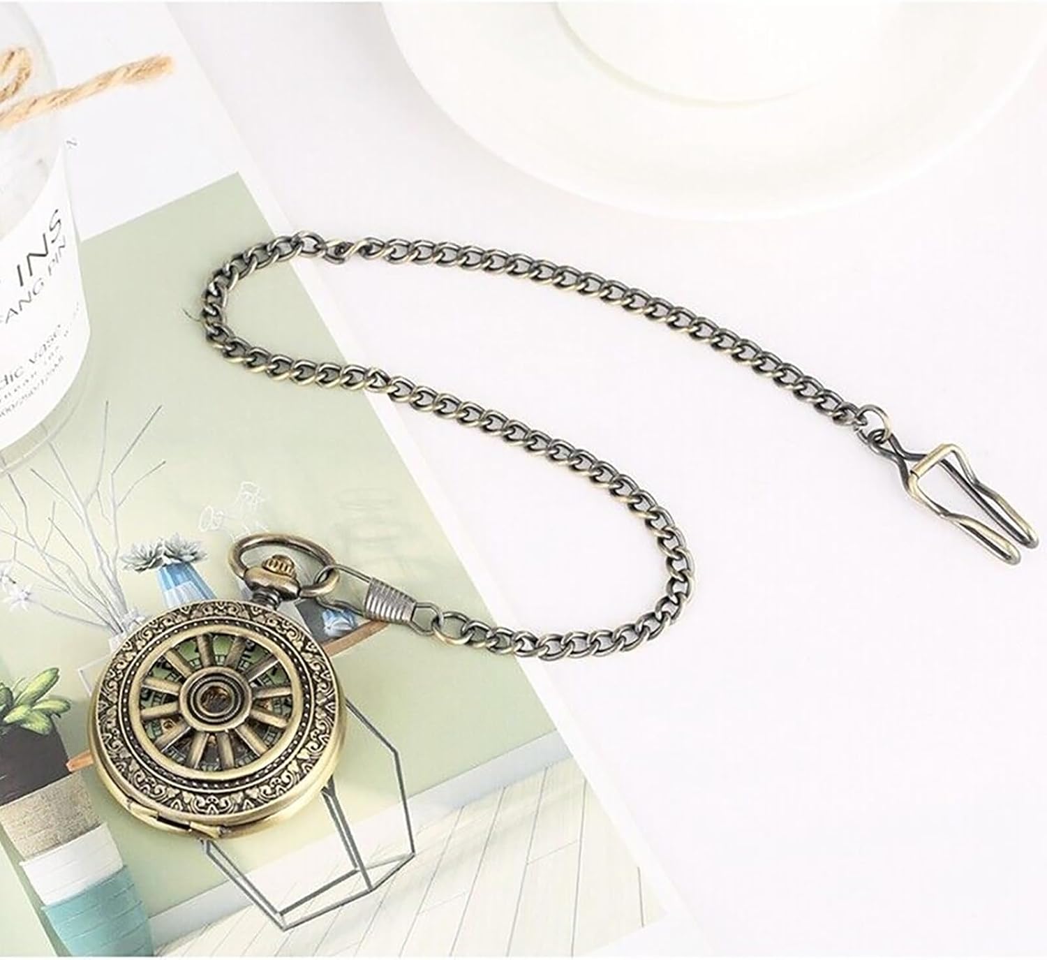 ZEZEFUFU Luxury Classic Mens Pocket Watch Mechanical Black Steampunk Skeleton with Chain