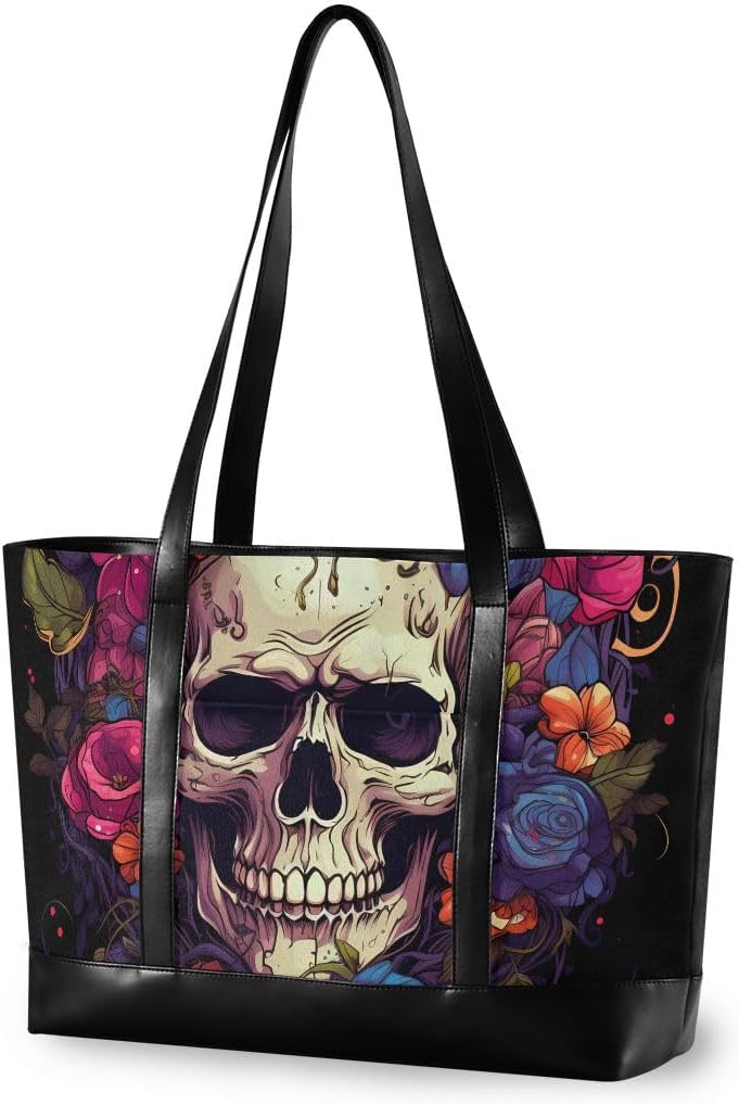 ALAZA Skull And Flowers Laptop Tote Bag,Fits 15.6 Inch Laptop,Womens Lightweight Canvas Leather Tote Bag Shoulder Bag