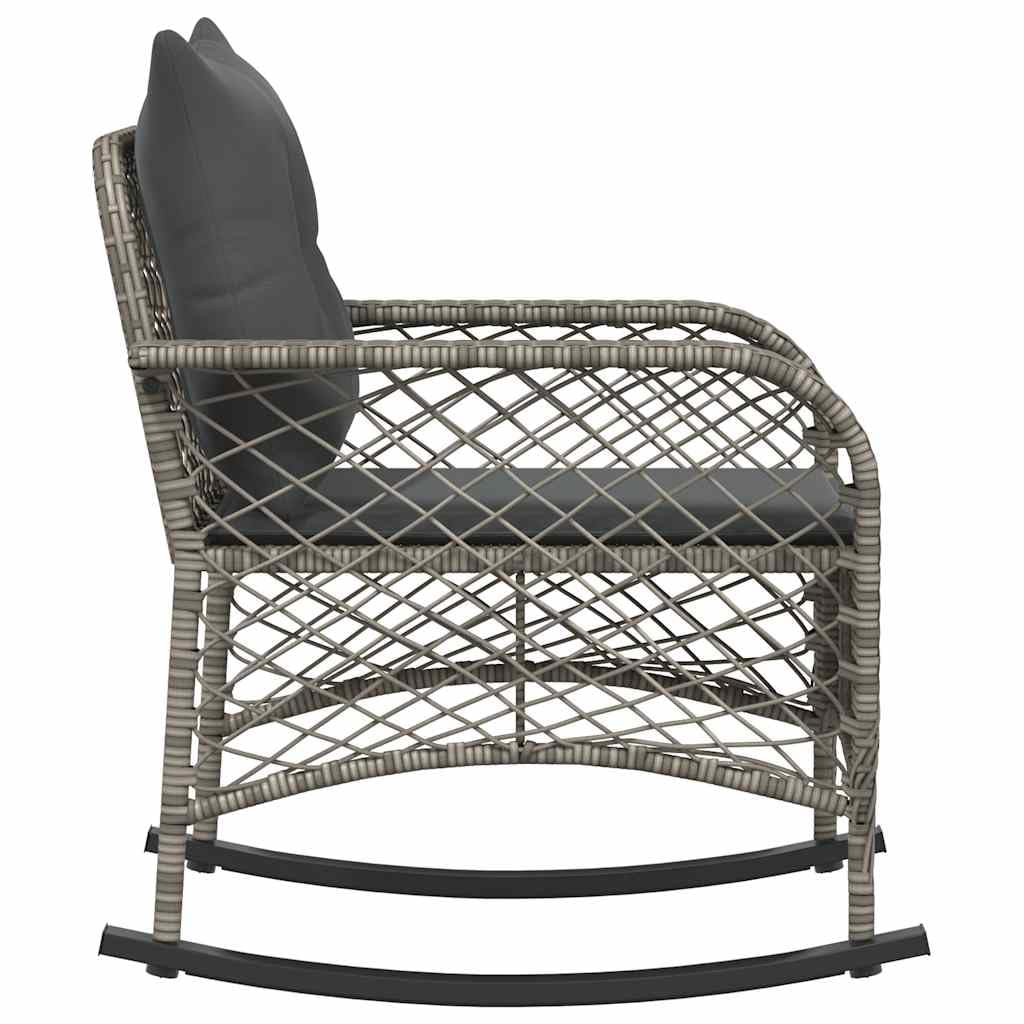 vidaXL Garten-Schaukelstuhl mit Kissen Grau Poly Rattan, Gartenstuhl, Gartensessel, Outdoor-Schaukelstuhl, Schaukelsessel, Schwingsessel