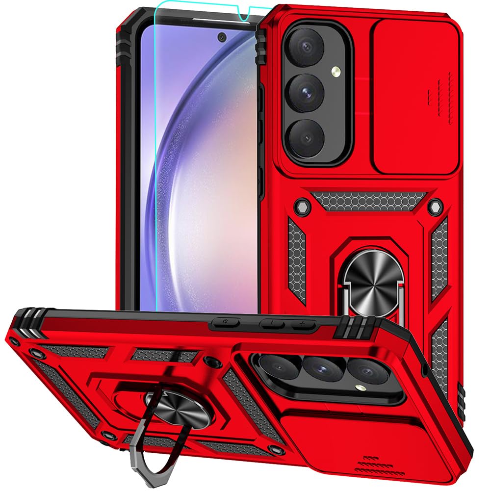 for Samsung Galaxy A35 5G Case, Soft Silicone Rubber Bumper Hard Plastic Phone Case with [Sliding Camera Lens Cover] [360° Rotatable Kickstand Ring] [HD Screen Protector] for Galaxy A35 5G Red