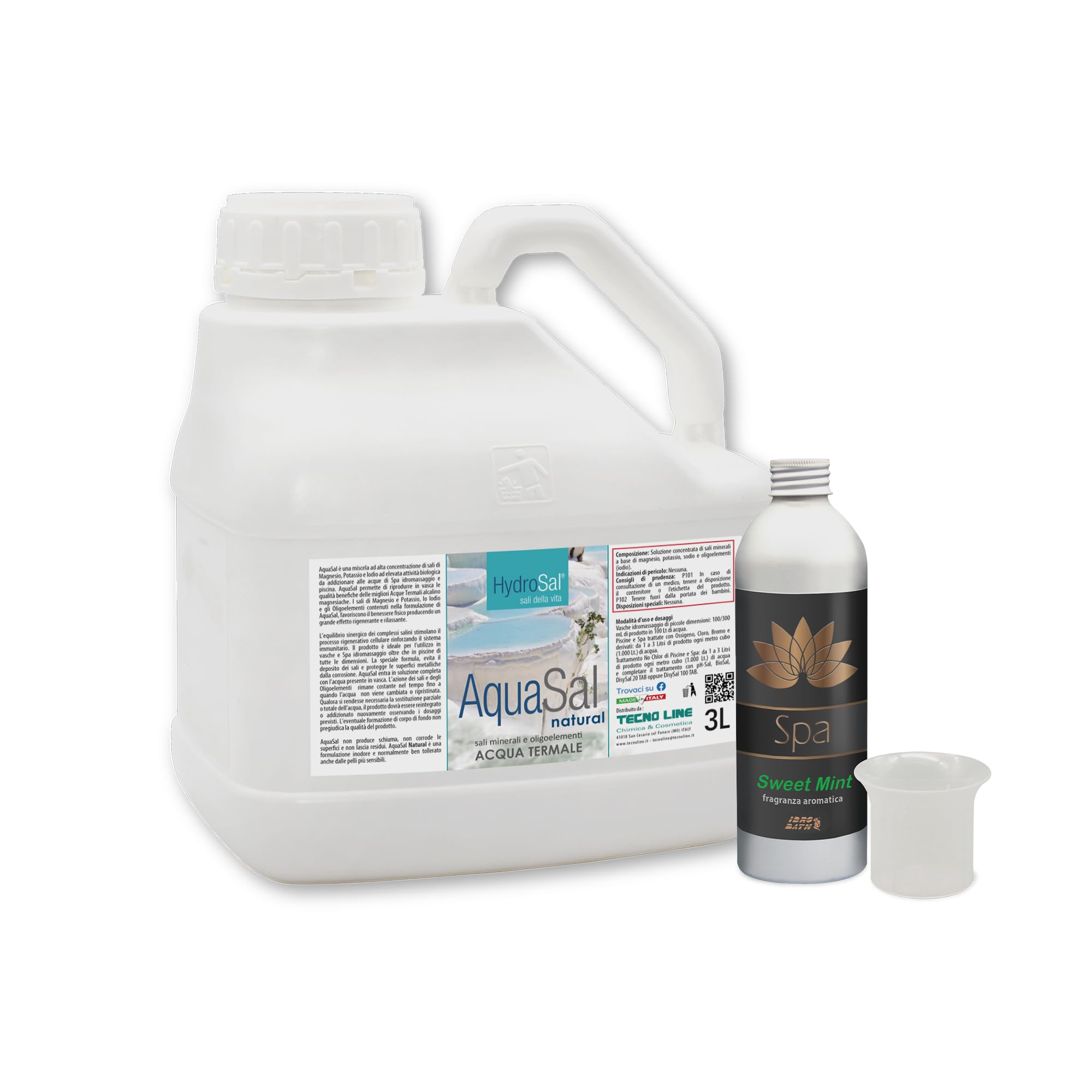 HydroSal Set AquaSal Natural 3 L+Parfum Sweet Mint Spa 250 ml + Doseur, Mélange à Haute Concentration de Sels de Magnésium, Potassium et Iode Associé à la Parfum pour Spa Hydromassage/Piscine