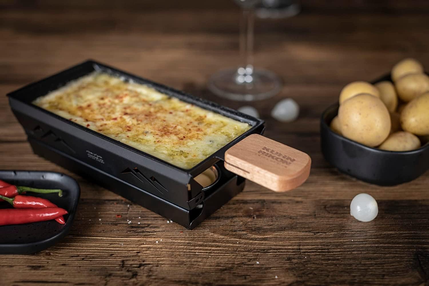 Kuhn Rikon 19208 Raclette pan with Wooden Handle, Alloy Steel, Black