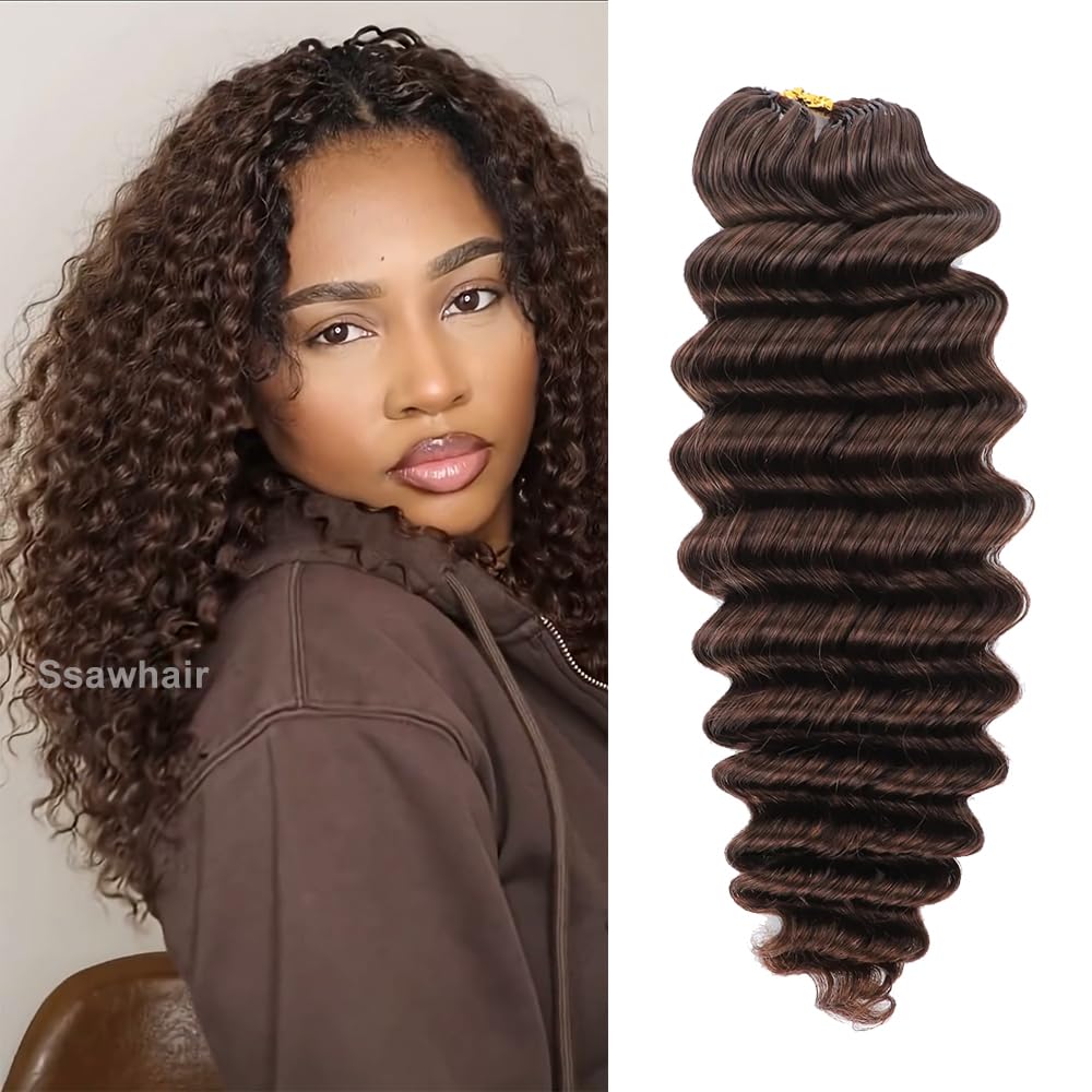 Deep Wave #4 Dark Brown Crochet Human Hair Knotless Pre-Separated Deep Curly Human Hair With String Pre-Looped Reusable Feather Crochet Hair Extensions 18Inch 60g 50Strands