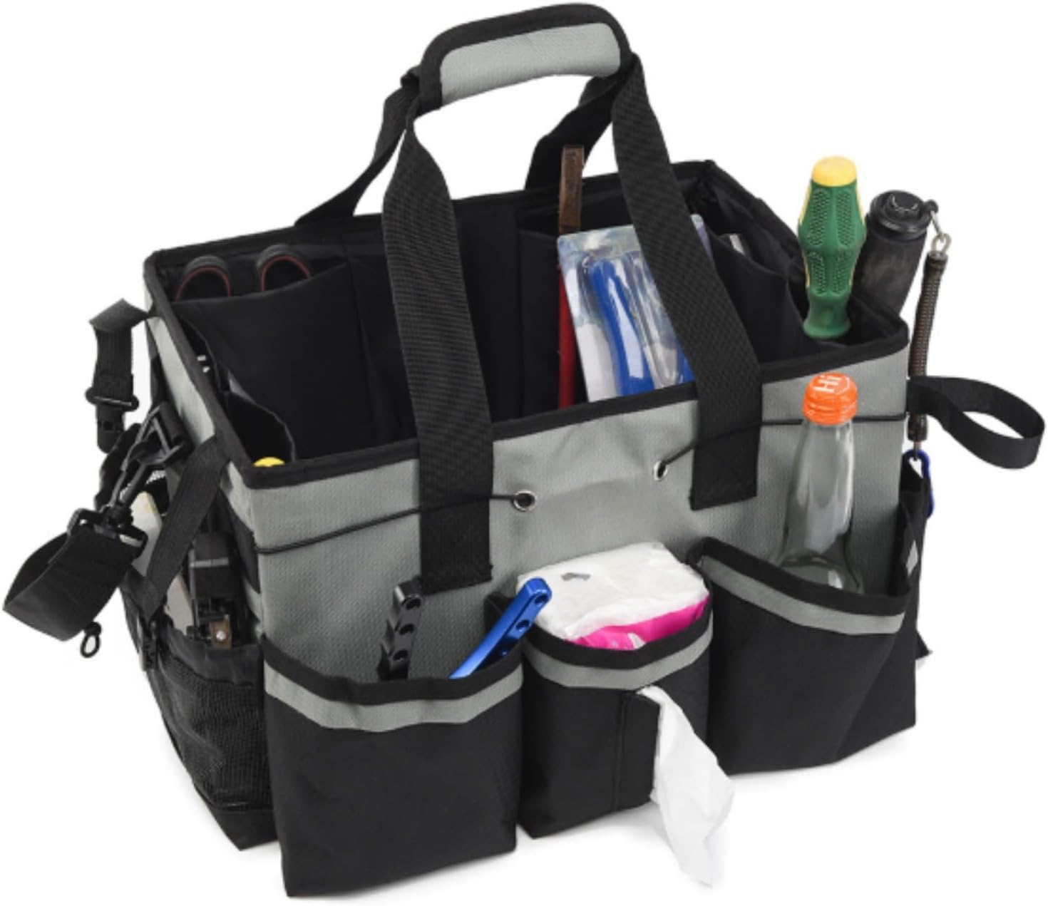 [Cicqkks] クリーニング用品バッグ 多機能ポケット 防水清掃トートバッグ ショルダーストラップ付き 取り外し38cm&times;24c