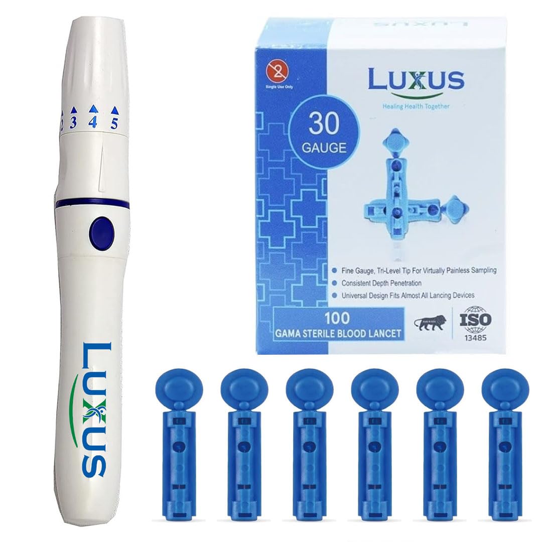 Luxus Lancing Device Pen with Adustable Depth & 100 Round Lancets Gamma Sterilized 30G (Compatible for use with all brands of Glucometers)