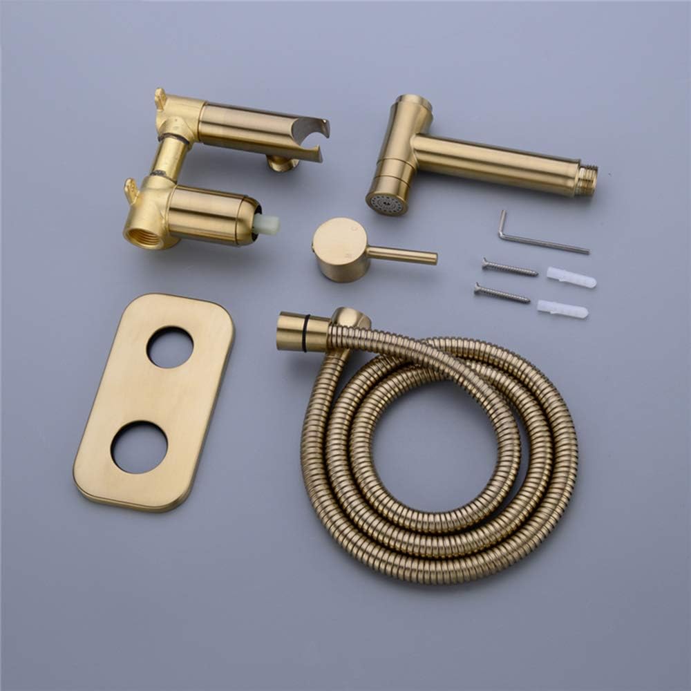 Bidet Sprayer with Cold and Hot Water Brass Portable Cloth Diaper Washer Shower Sprayer Set Wall Mounted Single Handle Bathroom Shower Bidet Tap for Personal Hygiene, Flo-Brushed Gold