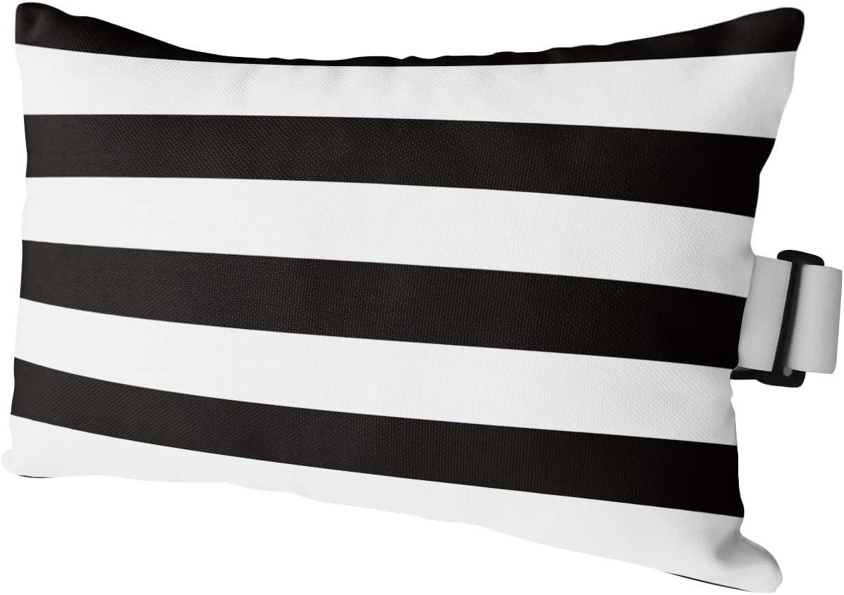 Outdoor Pillow for Chaise Lounge Chair, Simple Stripe Black and White Waterproof Headrest Pillow Lumbar Pillows with Insert & Adjustable Elastic Strap for Beach, Poolside, Patio, Office (1 Pack)