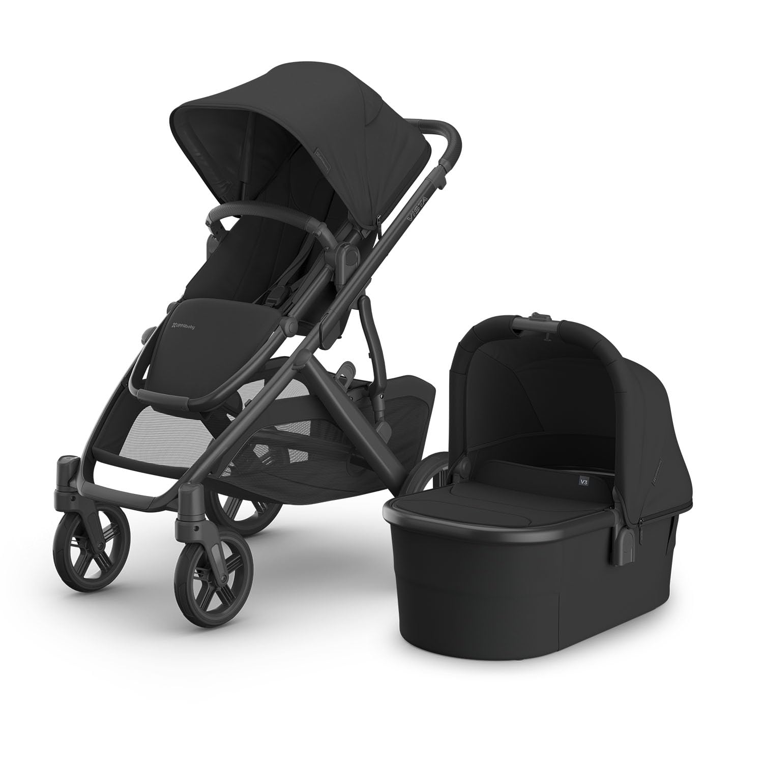 UPPAbaby Vista V3 Stroller + Bassinet V3 – Convertible Single-to-Double Stroller System- Bassinet, Toddler Seat, Bug Shield, Rain Shield Included – Jake (Charcoal/Carbon Frame/Black Leather)