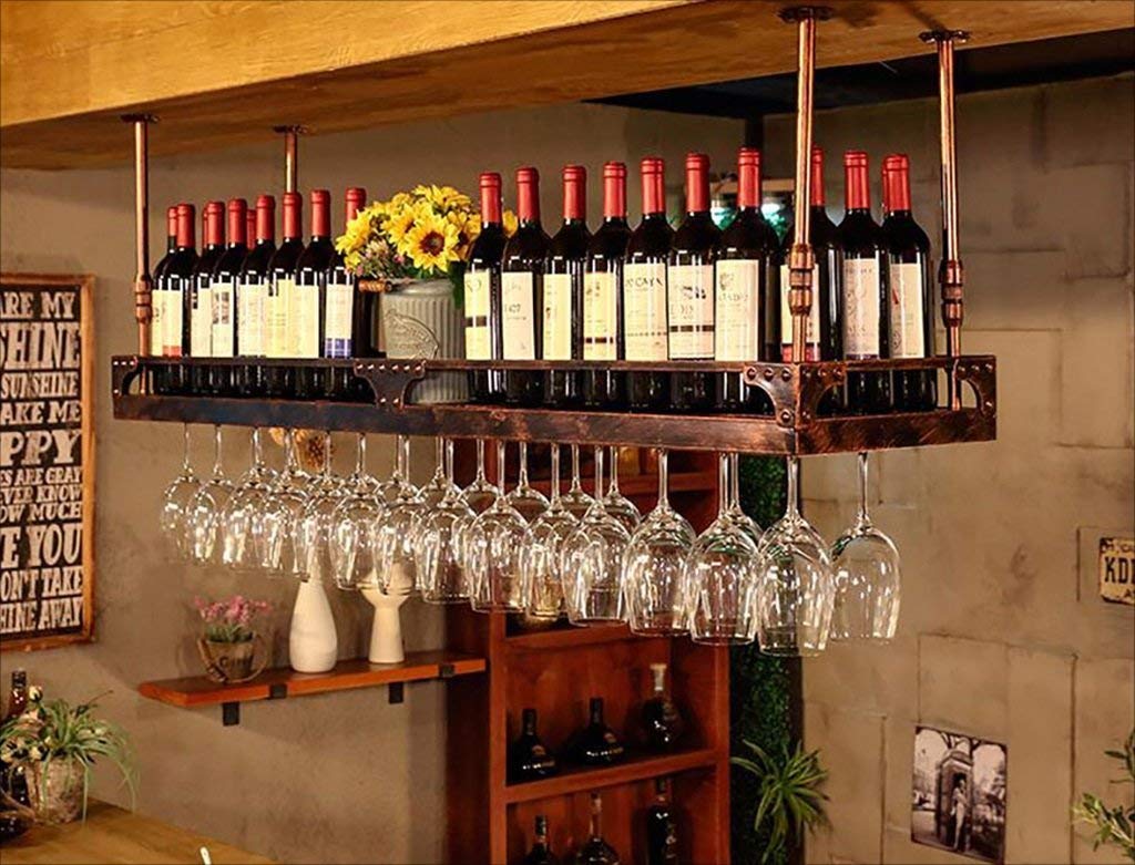 Casier à vin suspendu rétro en bois et métal pour restaurant et bar - 80 x 35 cm