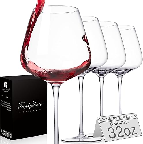 Juego de 4 copas de vino tinto extra grandes de 32 onzas, copas de vino de cristal sopladas a mano, copas de vino elegantes de tallo largo alto,