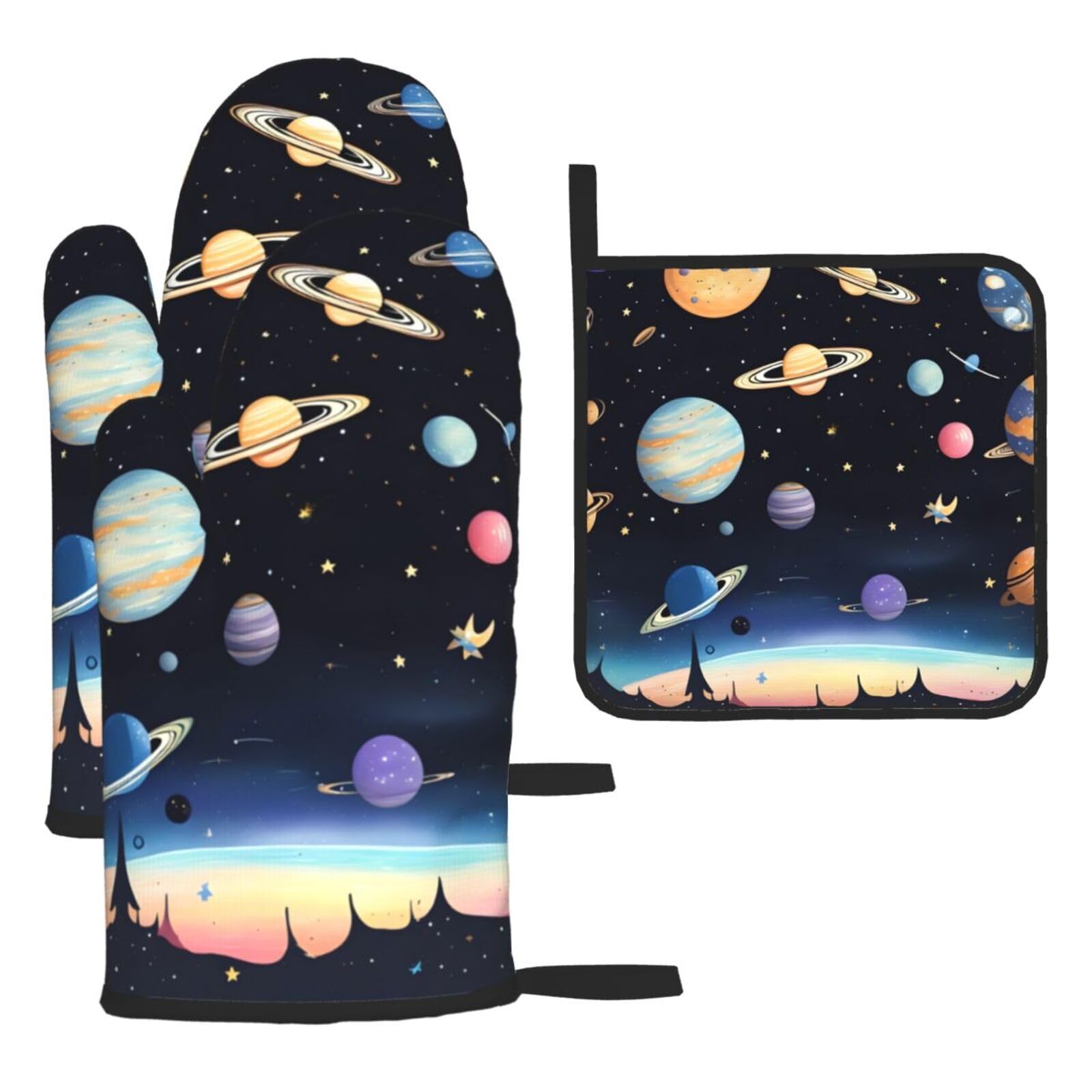 Saturn Jupiter Earth Oven Mitt and Pan Rack Set (3-Piece Set) for Kitchen Cooking, Baking, and Grilling.