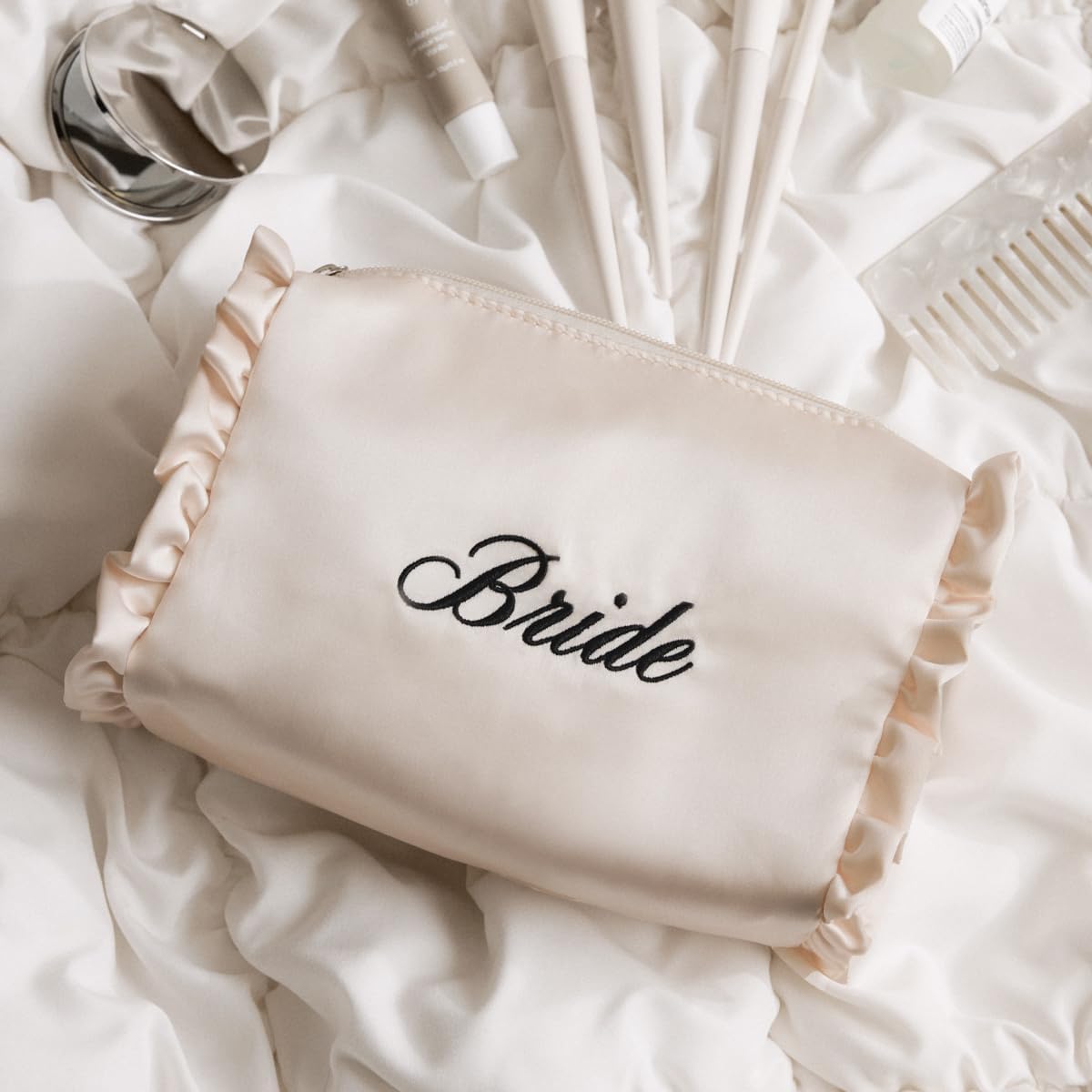 xo, Fetti Satin Bride Cosmetic Bag | Bachelorette Party Decorations, Bride To Be Purse, Bridal Shower Accessory, GRWM Makeup Bag