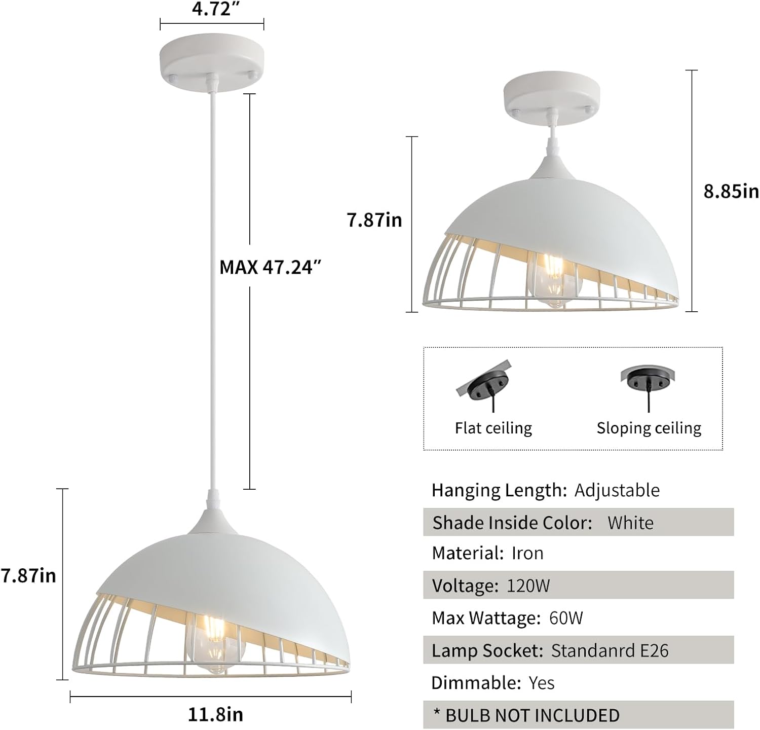 White Pendant Light, 2 Packs 9.4inch Farmhouse Pendant Light, Kitchen Pendant Lights, Industrial Pendant Lighting, Pendant Lights Kitchen Island for Living Room, Bar, Bedroom, Office