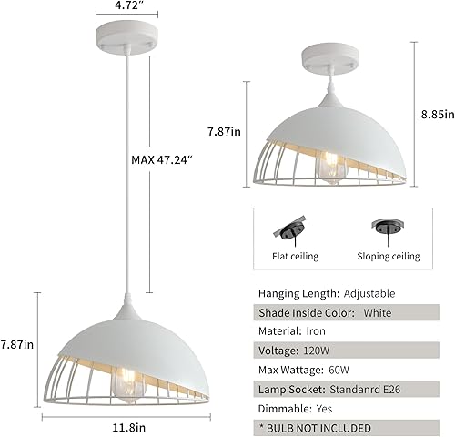 Miniatura 6 de Lámpara colgante blanca, 2 paquetes de 9.4 pulgadas de casa de campo, luces colgantes de cocina, iluminación colgante industrial, luces colgantes
