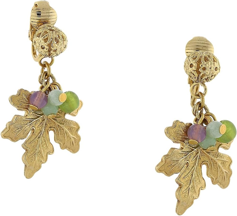 1928 Jewelry Winery Multicolor Beaded Grape Leaf Clip On Earrings For Women, 14K Gold Dipped, Vinyard Inspired Wine Themed Fashion, Non Piercing Ear Rings, Pierceless Snap On Made In USA
