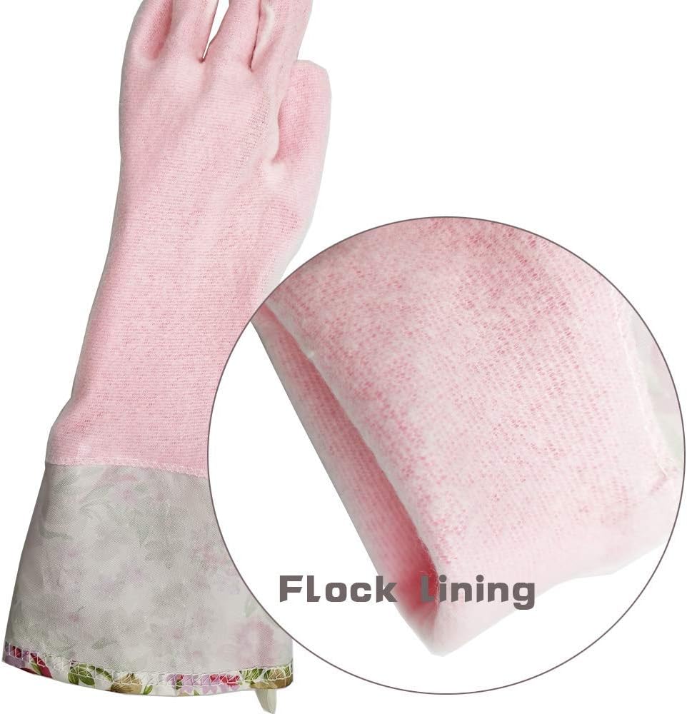 KINGFINGER Rubber Latex Waterproof Dishwashing Gloves,2 Pair Medium Long Cuff Flock Lining Household Cleaning Gloves