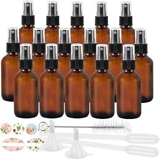 16 Pack 120 ml 4oz Amber Glass Spray Bottles with Fine Mist Sprayer & Dust Cap for Essential Oils, Perfumes,Cleaning Products.Included 1 Brush,2 Funnels,2 Droppers & 18 Labels.