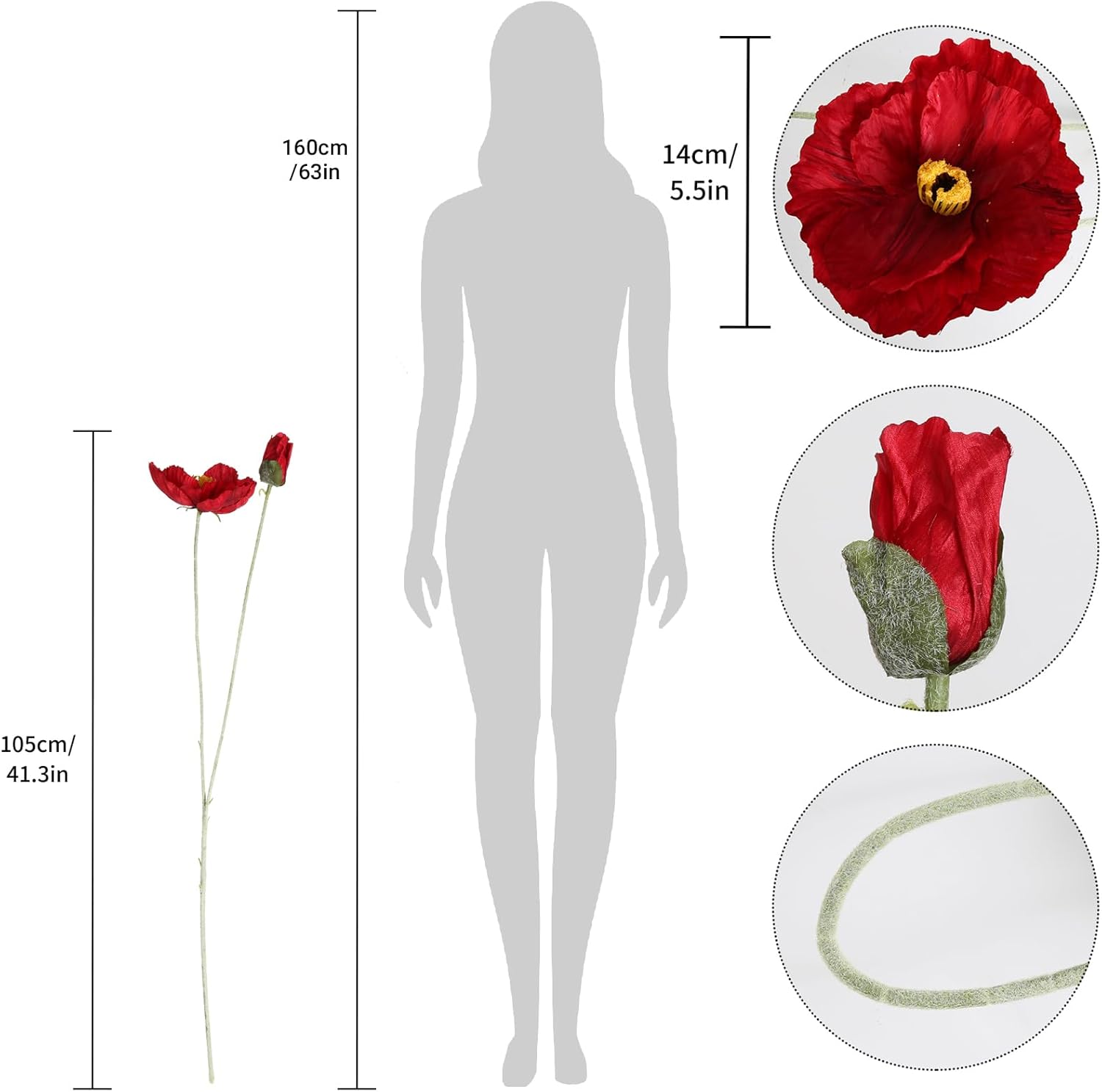 6PCS 41.3in Fake Poppy Flowers Red Artificial Poppies Large Poppy Flowers Long Stem Silk Flowers for Tall Vase Wedding Party Office Decor(Red)