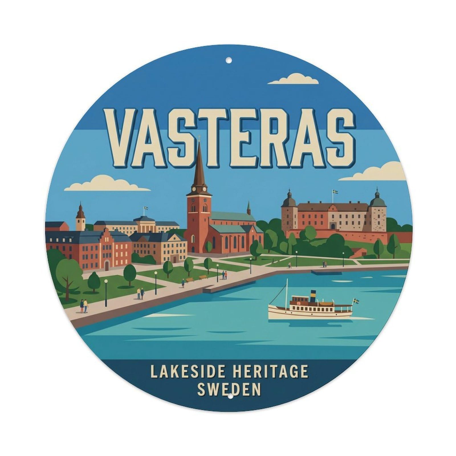 Vintage Travel Vasteras Sweden Lakeside Metal Tin Sign