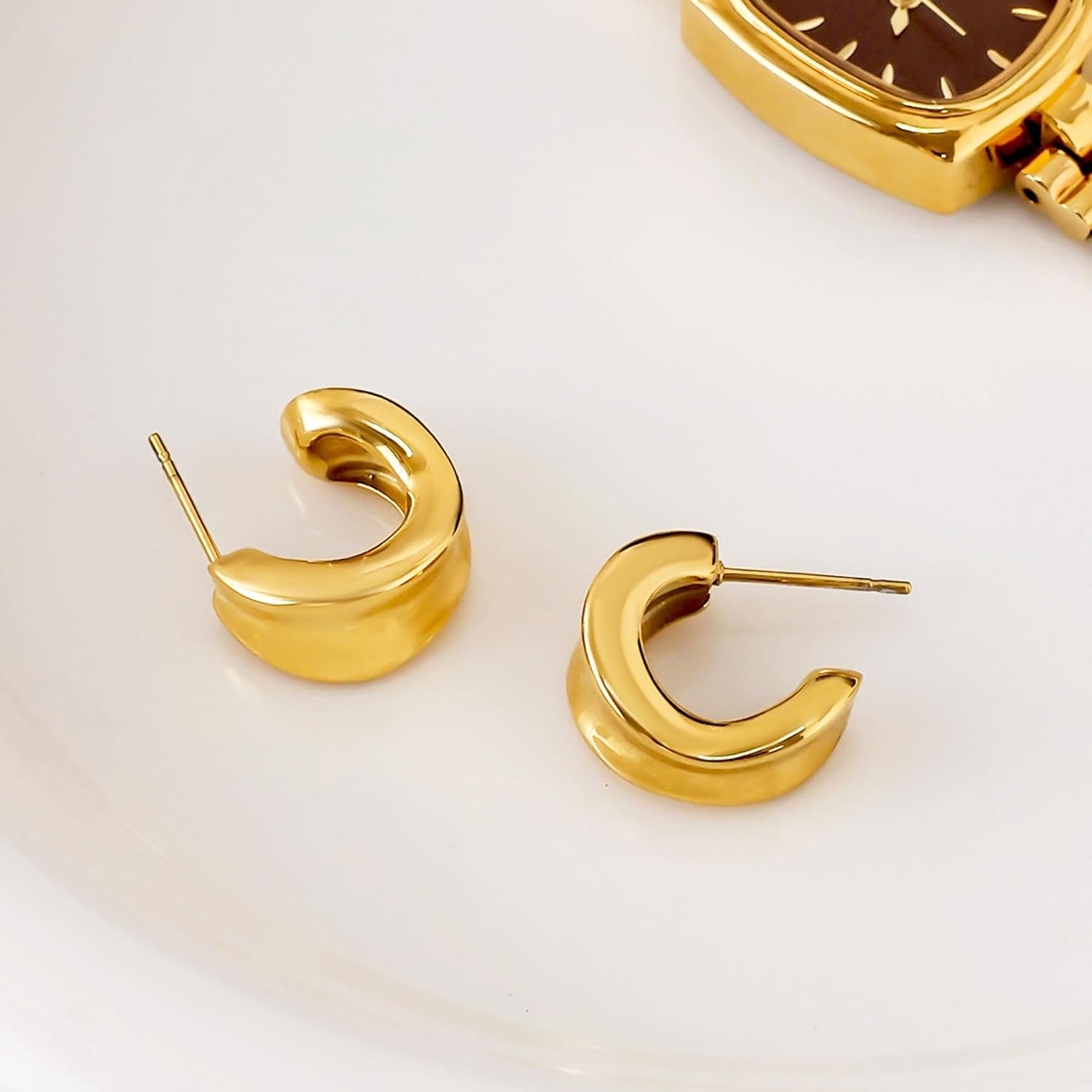 Chunky Hoop Earrings for Women 18K Gold Plated Lightweight Trendy Hammered Open Hoop Earrings - Image 6