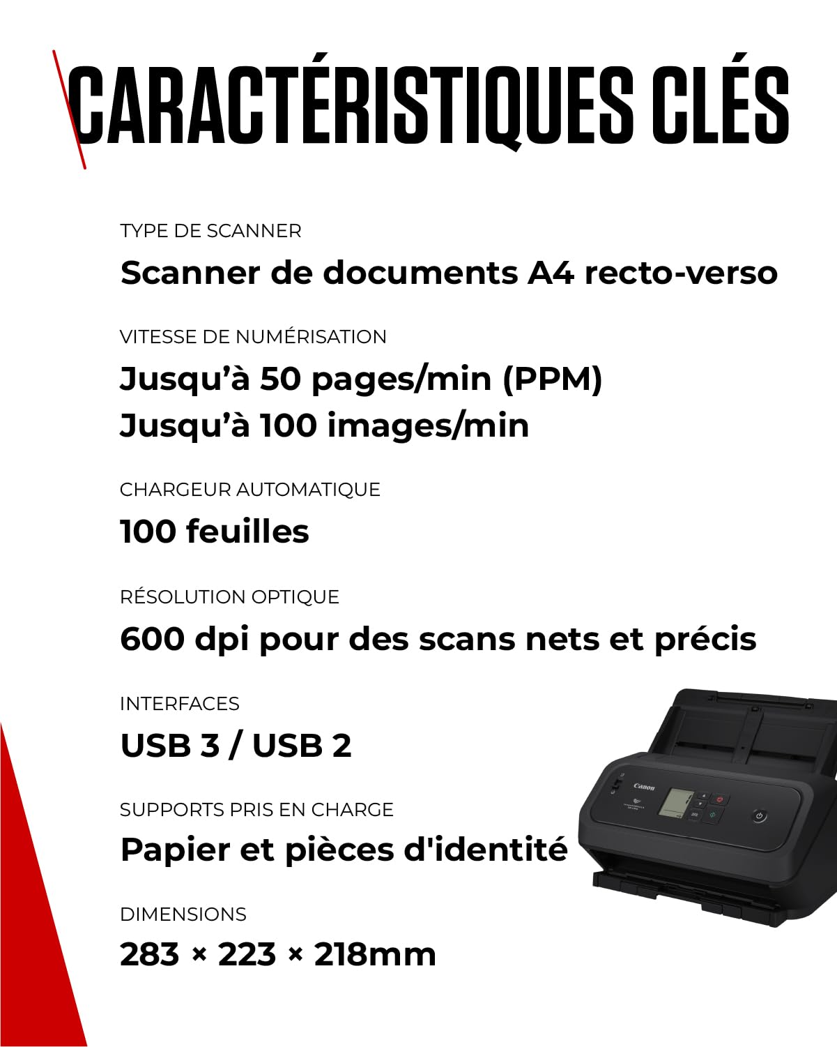 Canon imageFORMULA DR-C350 Scanner de Documents A4 | Design Ultra Compact et Traitement d’Image Avancé pour Le Bureau | Chargeur 100 Pages | Canon CaptureOnTouch Pro