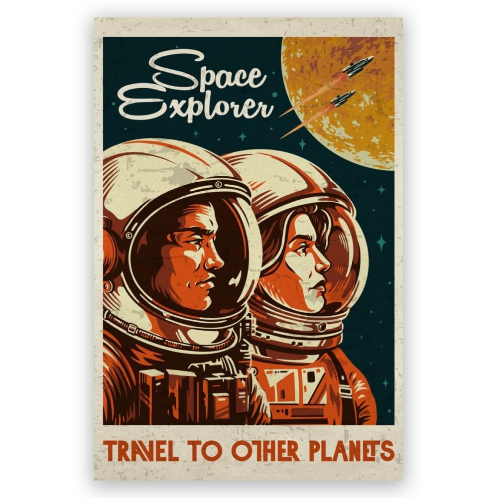 LuminDazeSpace Explorer Poster Retro Space Wall Art Outer Space Travel Picture Decoration Exoplanet Galaxy Mars Planet Exploration Art Canvas Print Retro Futuristic 8x12inch Unframed, style-12