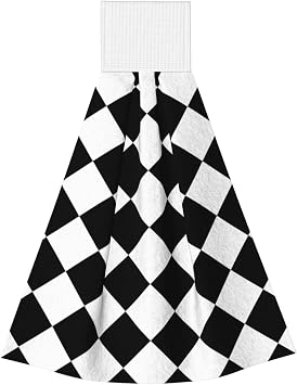 Kitchen Hand Towel with Hanging Loop, Black and White Abstract Checkered Diamond Fast Dry Absorbent Soft Coral Velvet Hand Towels for Bathroom&Kitchen
