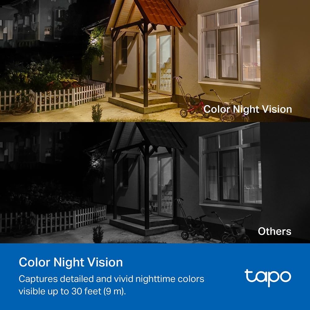 A split image showing a house at night. The top half displays the scene with color night vision, revealing vivid colors. The bottom half shows the same scene with standard night vision (monochrome), labeled 'Others'.