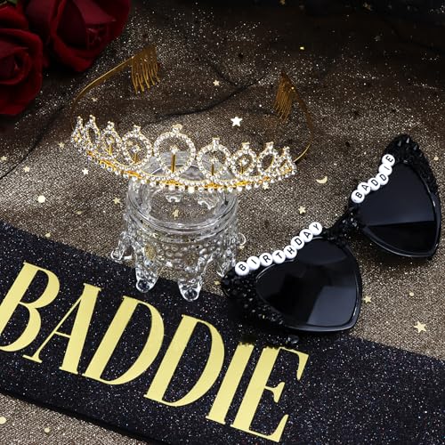 Baddie Party Decorations for Women, Birthday Baddie Sash, Heart-shaped Sunglasses, Black Sash with Gold Foil for Birthday Accessories Party Favors Supplies2