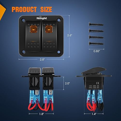 Vista 2 de Nilight Panel de Interruptores Basculantes de 2 Posiciones con Luz LED Naranja, 5 Pines On/Off, Interruptores Basculantes de Aluminio Precableados