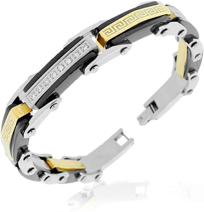 My Daily Styles Stainless Steel Black Yellow Gold-Tone Silver-Tone CZ Link Mens Bracelet
