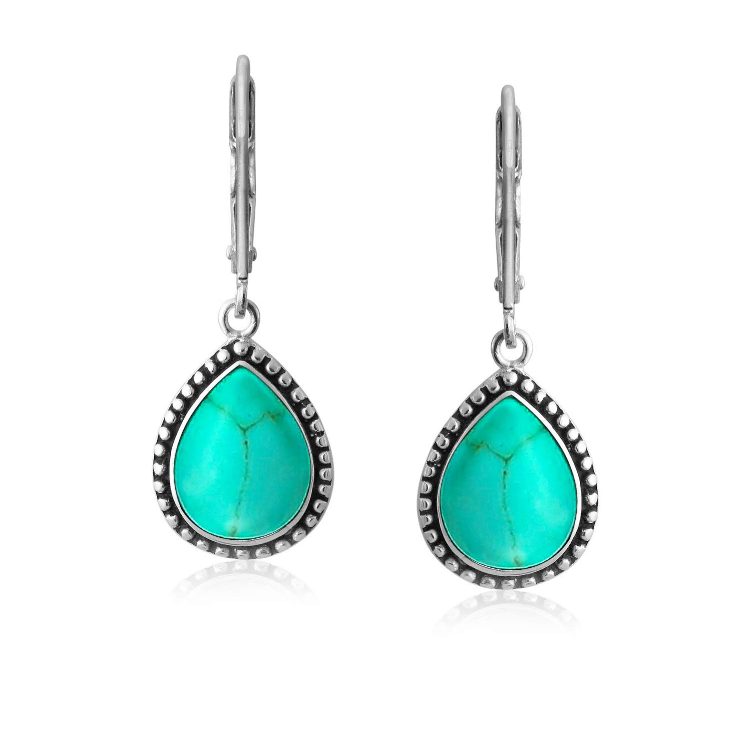 Boho Western Stil Milgrain Einstellung Halbedelsteine Lapis Türkis Jade Onyx Quarz Pear Shaped Träne Lever Back Baumelnd Drop Ohrringe Für Frauen Teen Oxidiert .925 Sterling Silber