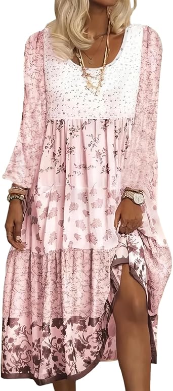 Womens Boho Floral Printed Long Sleeve Midi Dress Casual Loose Patchwork Crew Neck Long Flowy Tiered Dresses