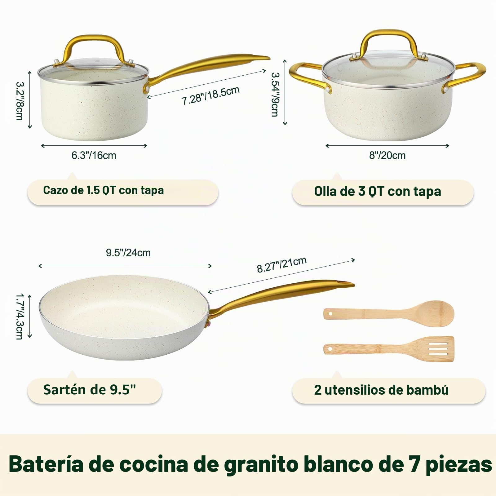 M MELENTA Juego de ollas y sartenes antiadherentes, juego de utensilios de cocina de inducción de granito blanco, juego de cocina antiadherente con mango dorado y utensilios, apto para horno (PFOS