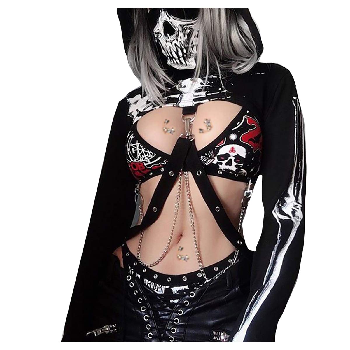 RARITYUS Women Gothic Hoodies Bandage Hoodie Crop Top Cool Long Sleeve Pullover Sweatshirt for Rave Festivals