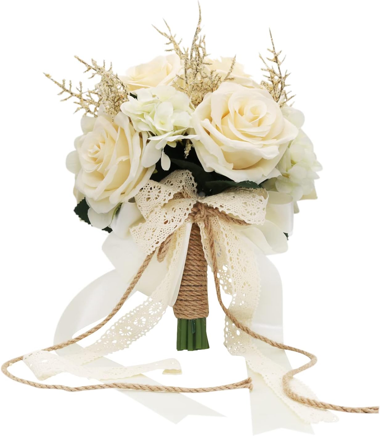 Artificial Plant, 1 Champagne White Rose Bridal Bouquet, 8.6 x 10.2 x 8.6 inches, Wedding Bouquets for Bride, Bridesmaid Bouquets with Silk Ribbon, Decoration