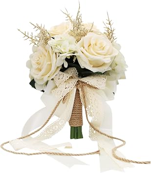 LEIFENY Artificial Plant, 1 Champagne White Rose Bridal Bouquet, 8.6 x 10.2 x 8.6 inches, Wedding Bouquets for Bride, Bridesmaid Bouquets with Silk Ribbon, Decoration