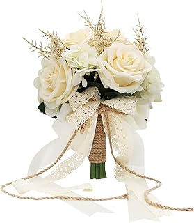 LEIFENY Artificial Plant, 1 Champagne White Rose Bridal Bouquet, 8.6 x 10.2 x 8.6 inches, Wedding Bouquets for Bride, Bridesmaid Bouquets with Silk Ribbon, Decoration