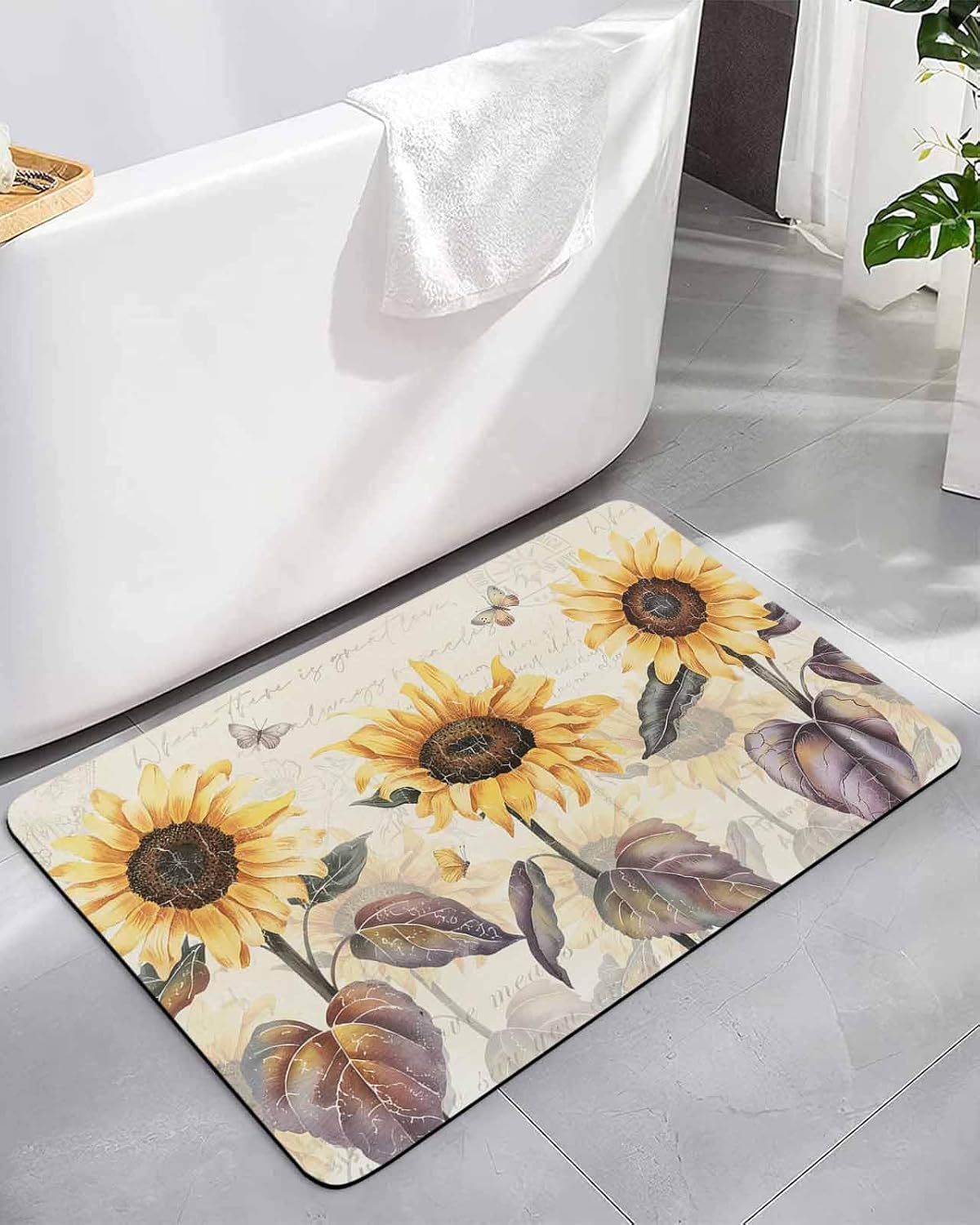 Bath Rugs Bathroom Rug,Retro Yellow Sunflower Butterfly Absorbent Diatomaceous Earth Bath Mat Quick Drying Non-Slip Washable Shower Mat,American Pastoral Floral Stamp Doormat for Bathtub 20x32in