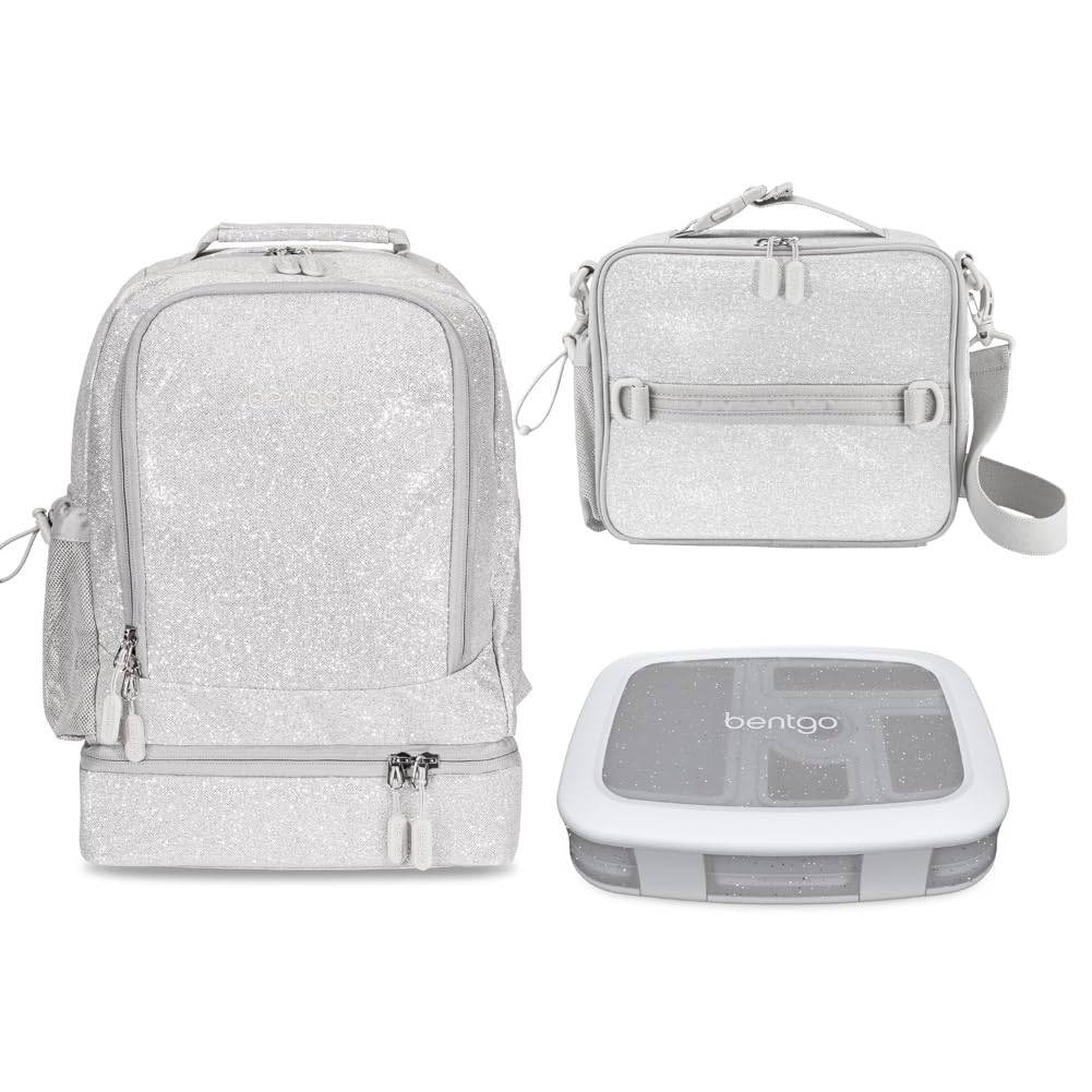 Bentgo Kids 5-Compartment Lunch Box Set With Insulated Lunch Bag and 2-in-1 Backpack Insulated Lunch Bag Glitter Edition