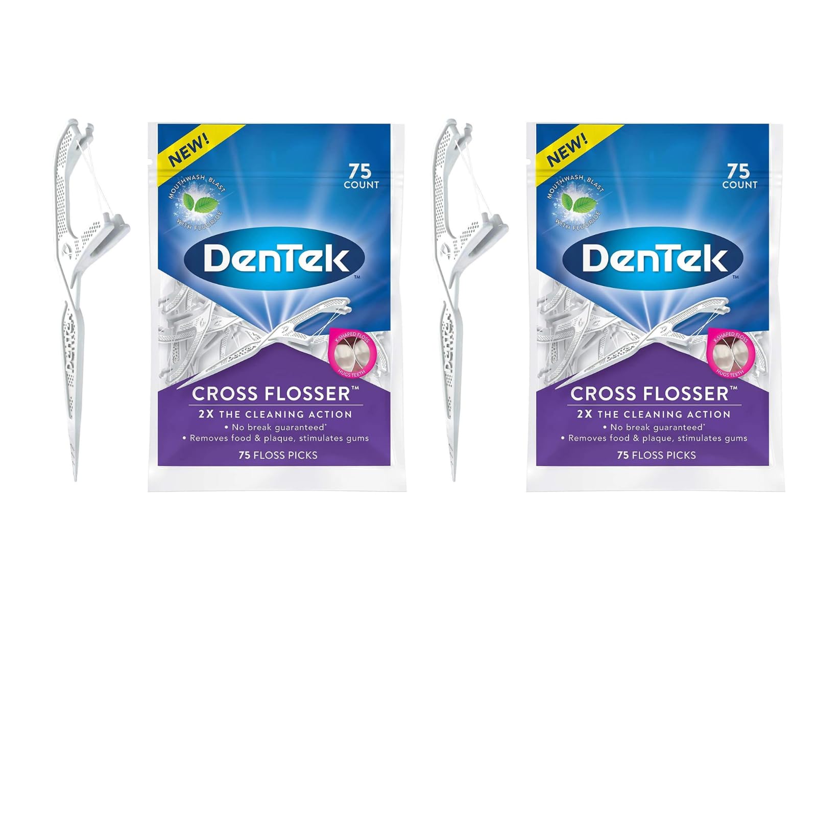 DenTek Cross Flosser Plaque Control Floss Picks, Unique X-Shaped Floss, Flouride Infused Floss Strands, Mouthwash Blast Flavor, 75 Count in Each Pouch (Pack of 2)