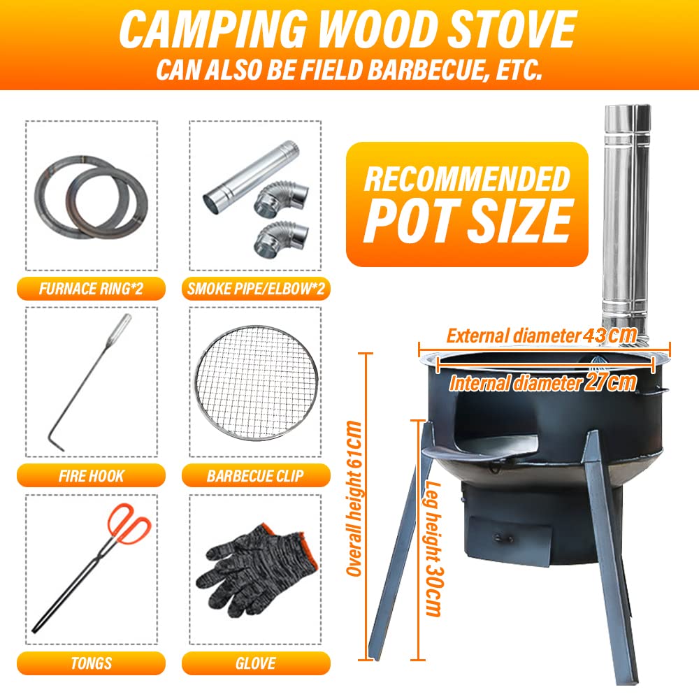 Poêle à Bois Portable Pour Tente Camping - Acier Inox, 43 Cm + 3 Plaques | Barbecue, Cuisson Outdoor
