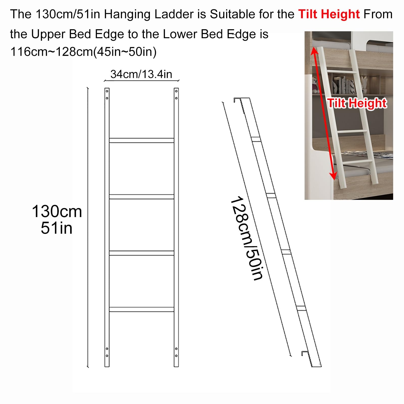 Anlegeleiter 4 Sprossen Metall Hochbettleiter Weiß Hochbett Leiter Zum Einhängen Ladder für Etagenbett(130cm/51in)
