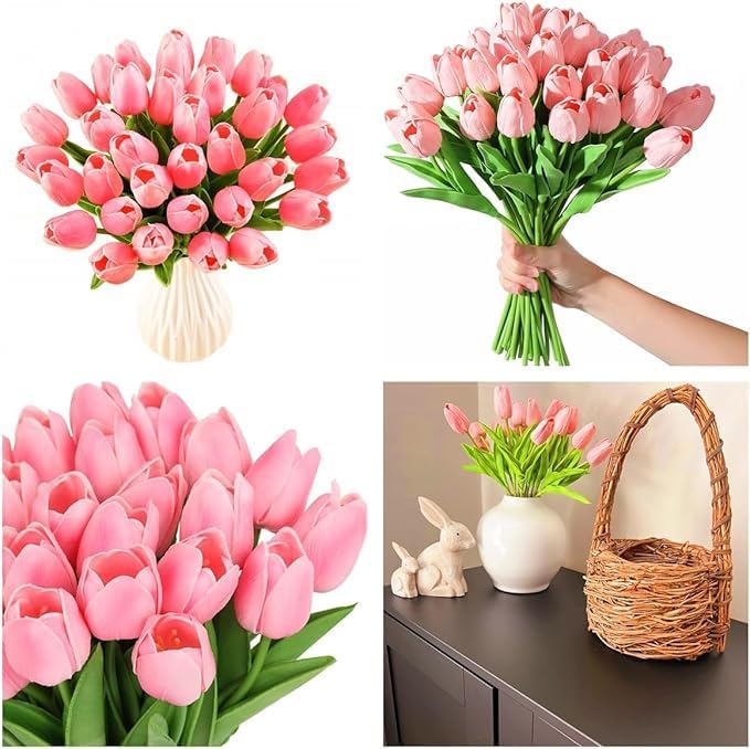 Image of Garden Art Artificial Tulip Flowers (Pack of 5) | Real Touch Silicone Single Stem Tulips for Home Decor, Living Room, Office, Vase & Wedding Decoration GAASTFB-1H-33BP (Baby Pink)