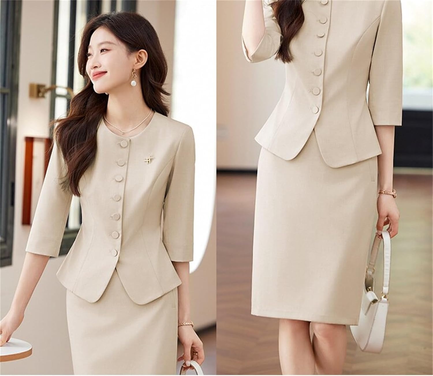 Women's Business Suit Set 3/4 Sleeve Peplum Blazer and Knee Length Pencil Skirt for Office Work Professional Wear
